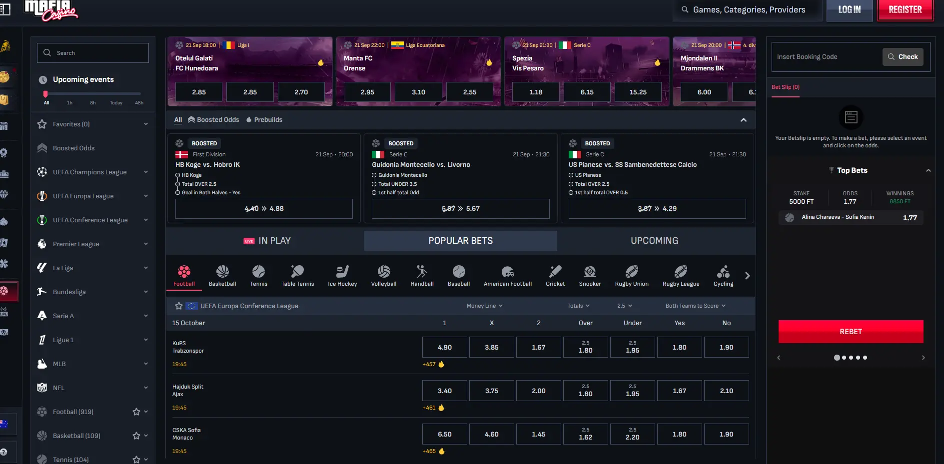 Mafia Casino Sportwetten-Bereich mit Bundesliga und Champions League